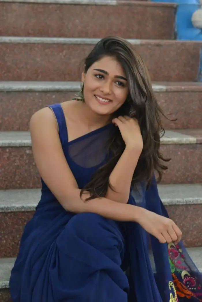 Indian Actress Shalini Pandey In Blue Saree At Telugu Movie Opening